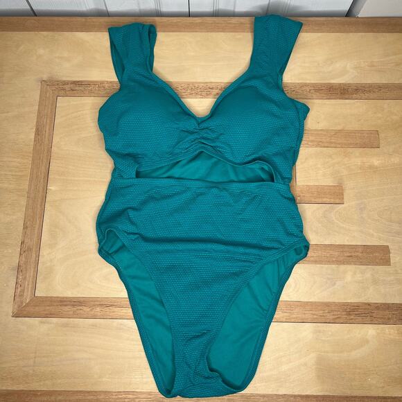 Shade & Shore Women's Blue Green Teal One Piece Swimsuit Size Medium Cutout - Picture 1 of 4